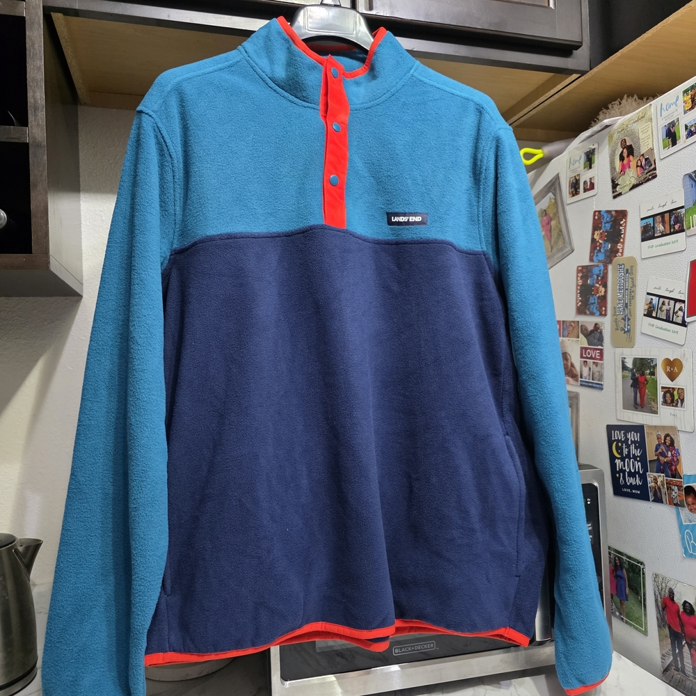 Lands' End Teal and Red Fleece Jacket Men Size Large
